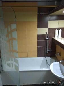 a bathroom with a shower with a toilet and a sink at spisska nova ves apartman smizany in Smižany +8 photos