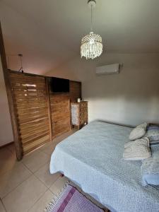 a bedroom with a bed and a chandelier at La casita del colibri in Córdoba