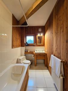 a bathroom with a tub and a toilet and a sink at Andes Lodge, Puelo Patagonia in Puelo