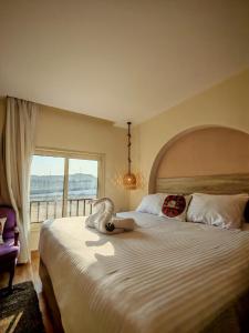 Kush Hotel, Grand Museum & Pyramids View في القاهرة: غرفة نوم بسرير كبير مع نافذة كبيرة