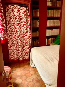 een slaapkamer met een bed en een boekenplank met boeken bij Bel appartement ancien sur cour verdoyante in Parijs