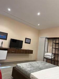 a bedroom with a bed and a flat screen tv at Atlantid Hospitality Hotel in Qeparo