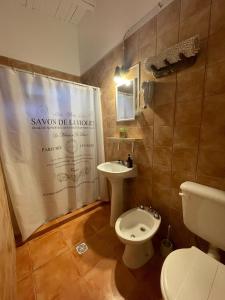 a bathroom with a toilet and a sink and a shower curtain at Las Potrancas cabaña in General Alvear +9 photos