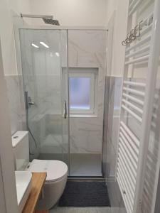 un bagno bianco con doccia e WC di The way to trieste bikes storage a Trieste