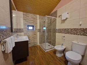 a bathroom with a toilet and a shower and a sink at Moinhos da Pereira - Turismo Rural in Tarouca +35 photos
