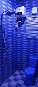 a blue bathroom with a toilet and a hair dryer at Daprem Self-Contain Service Apartments in Uyo +11 photos