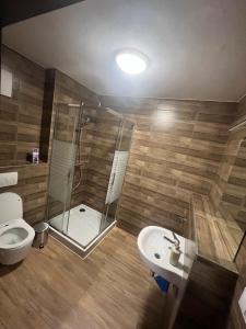 a bathroom with a shower and a toilet and a sink at Bestdrive Pokój 5 in Babienica