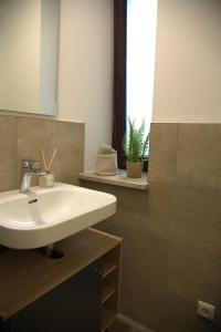 a bathroom with a sink and a mirror at GreenTreeHomes - Stadtvilla Linde in Regensburg