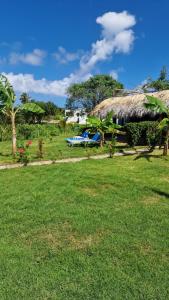 a resort with a grass roof and a grass field at Mar Azul, Las Galeras in Las Galeras