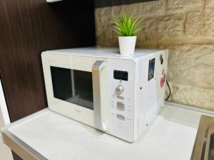 ジョヴィナッツォにあるNel cuore di Giovinazzoの鉢植えのカウンターに座る電子レンジ