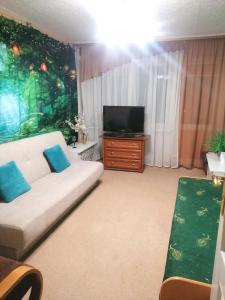 un soggiorno con divano e TV a schermo piatto di Retro CHARME CENTRUM obok szpitala a Białystok