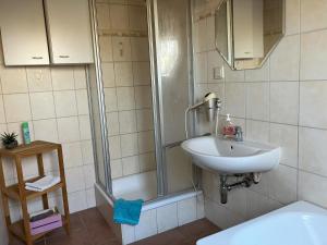 a bathroom with a sink and a shower at Zweibettzimmer "Marie" in Tribsees