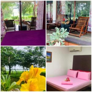 a collage of pictures of a porch with chairs and flowers at Lake Front Hotel And Restaurant in Sigiriya
