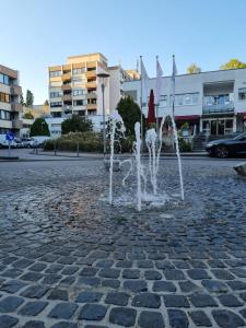 a fountain in the middle of a street with buildings at Hotel am Rosenpark in Aachen