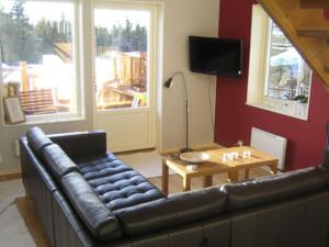 a living room with a leather couch and a table at Hovfjällstoppens Stugby in Överbyn