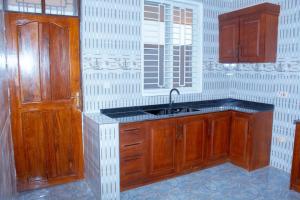eine Küche mit Holzschränken und einer Spüle in der Unterkunft Entire home in Mlole, Kigoma, Tanzania in Gungu + 15 Fotos