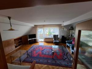 MittenaarにあるNature Park, 2 Double, 1 sofa for sleeping in 3 rooms, Kitchen, Bathroomのリビングルーム(ガラステーブル、ラグ付)