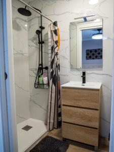 a bathroom with a shower and a sink and a mirror at Casa Lavanda in Villena