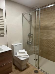 a bathroom with a toilet and a glass shower at PISO Bueu Playa in Bueu +27 photos