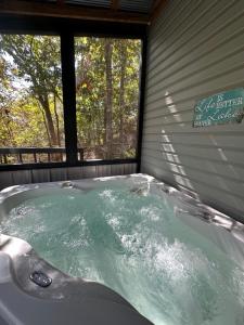 a bath tub with green water in a room with a window at Henry Hollow Retreat Terrace in Eureka Springs