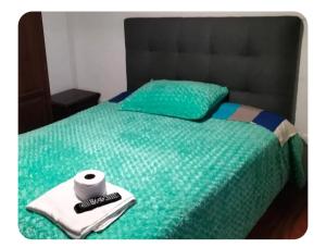 a green bed with a roll of toilet paper on it at Acogedoras Habitaciones Conjunto Central Santiago in Pasto