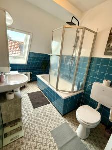a bathroom with a shower and a toilet and a sink at RobinsHomes-Weddel in Cremlingen +25 photos