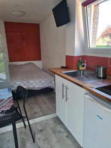a small kitchen with a sink and a bed at Studio indépendant à la campagne, proche Paray le Monial in Volesvres