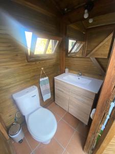 a bathroom with a white toilet and a sink at El Álamo, tranquilidad y naturaleza in Teror