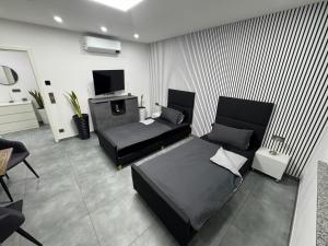 a living room with two beds and a television at Modern Apartments, Wohnung Nr 2, nahe Schalke Arena, Zentral zur Autobahn A42 und A2, Ferienwohnung, Monteurwohnung in Gelsenkirchen
