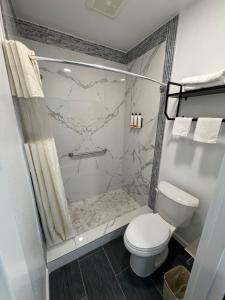 a bathroom with a shower and a toilet at Dutch Motel in Loma Linda