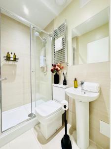 a bathroom with a toilet and a shower and a sink at Luxury City Centre Apartment in Edinburgh