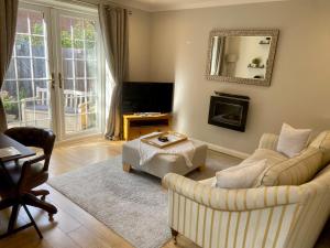 a living room with a couch and a television at Sun Terrace Lodge Weybridge in Oatlands Park