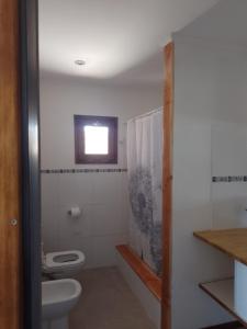 łazienka z toaletą i oknem w obiekcie Tierra de Guanacos - casa en la naturaleza w mieście Cholila