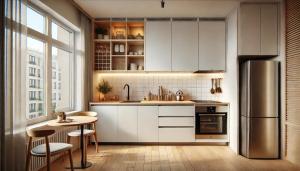 a kitchen with white cabinets and a table and a refrigerator at Charmant T2 a Colomiers in Colomiers