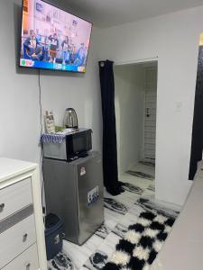 a room with a tv on the wall and a refrigerator at White Room Sparks in Spanish Town