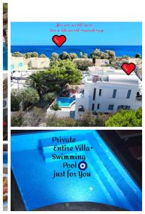 kolaż zdjęć willi i basenu w obiekcie Located by the sea one beachfront Private Captain Lazaros Pool Villa with loft in 750sqm spacious private plot-Jacuzzi-sunrelax-furnished terace-gazebo-private parking,sleep 3 adults and 2 children, just steps from the Black Beach-Seaview w mieście Perissa