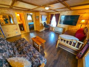 a living room with a couch and a tv in a cabin at Yellowstone Treasure Guesthouses on the River in Gardiner