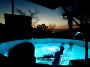 a person in a swimming pool at night at Minamiaso BlueBeeGarden in Minami Aso