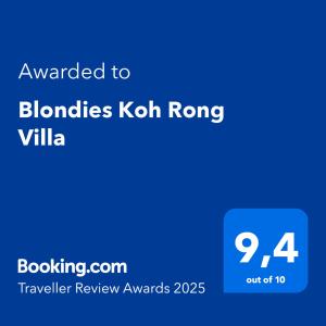Certifikát, hodnocení, plakát nebo jiný dokument vystavený v ubytování Blondies Koh Rong Villa