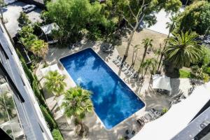 an overhead view of a swimming pool with palm trees at Together Co-Living Melbourne in Melbourne