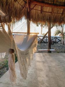 a hammock hanging from a straw umbrella on the beach at Nimbu Beachhouse in Transito