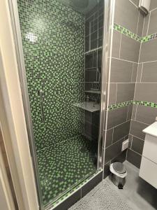 un bagno con doccia con porta in vetro di LeRelaisdOdile - Idéal PRO & Couple - Studio Cosy - Proche Metro - Parking Gratuit - Mons-en-Barœul - - WIFI HD - Smart TV - Entrée Autonome a Mons-en-Baroeul