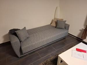 ein graues Sofa im Wohnzimmer in der Unterkunft Casa Susanna in Wald-Michelbach