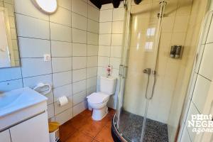 een badkamer met een douche, een toilet en een wastafel bij Alojamento Ponta Negra in Biscoitos +53 foto's