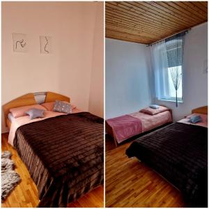 two pictures of a bedroom with two beds and a window at Ferienwohnung Altes Schulhaus Walberngrün in Grafengehaig