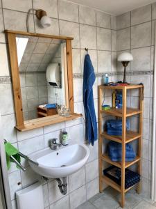 a bathroom with a sink and a mirror at Storchennest - Ferienappartement mit Kamin, Sauna, Garten, E-Piano in Putlitz