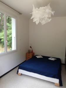 ein Schlafzimmer mit einem blauen Bett und einem Kronleuchter in der Unterkunft Grande maison familiale, calme, tranquille, 900 m de la plage in Longeville-sur-Mer