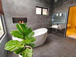 a bathroom with a tub and a plant in it at SunsetChalet 25pax Pool Snooker Bathtub Playground in Kluang