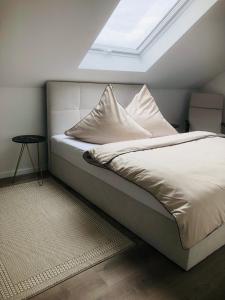 a bedroom with a bed with a skylight at Dom 007 in Fulda +2 photos