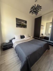 a bedroom with a large bed and a large mirror at I'M Apartment SILVER I centrum free parking in Bolesławiec +11 photos